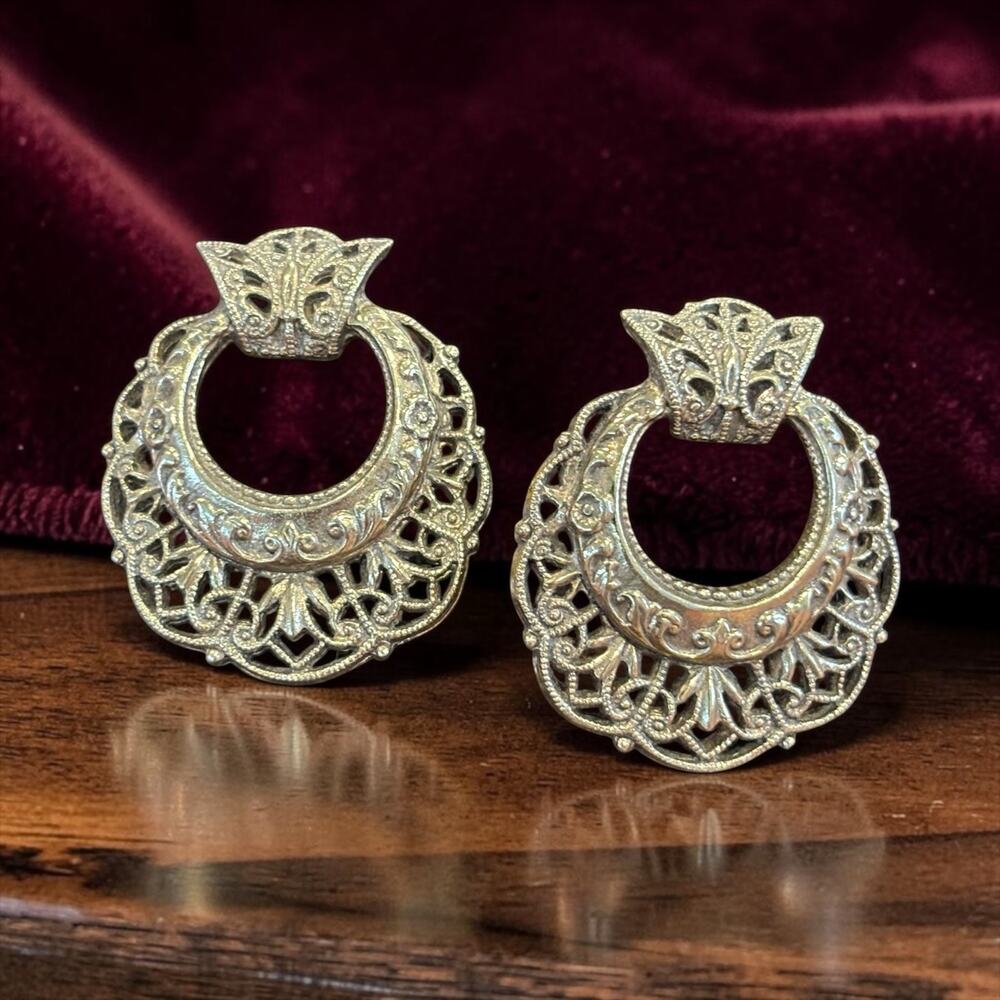 Vintage 1928 Cat Door Knocker Earrings Ornate Filigree Gothic Revival